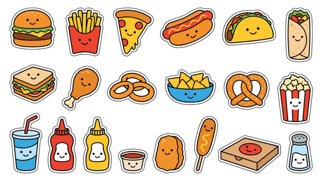Cute Fast Food Sticker Bundle Burger Pizza Fries and Snacks Flat Vector