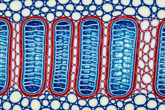Microscopic view of plant stem cross section showing vascular bundle tissue. Bright blue phloem sieve tubes, companion cells display internal structure under microscope. Botanical research cell