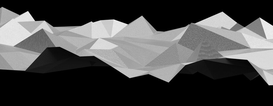 Futuristic abstract landscape with monochrome low poly mountain range.