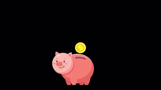 Cute cartoon pink piggy bank animation with a gold dollar coin falling into the slot on a transparent alpha channel background for financial savings and investment concepts
