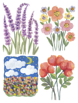 Colorful flowers and colorful flower field with blue sky hand drawn watercolor