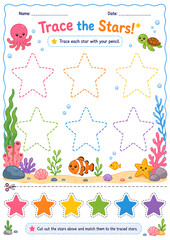 Naklejka premium Preschool Ocean Star Tracing and Cutting Worksheet