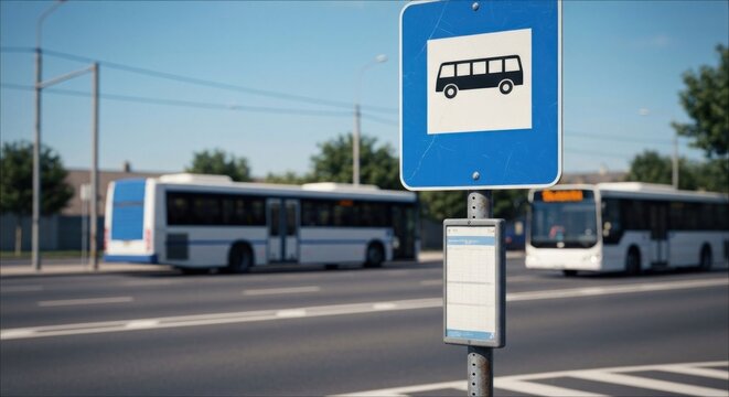 Bus stop sign by street with buses; blurry background, sunny day