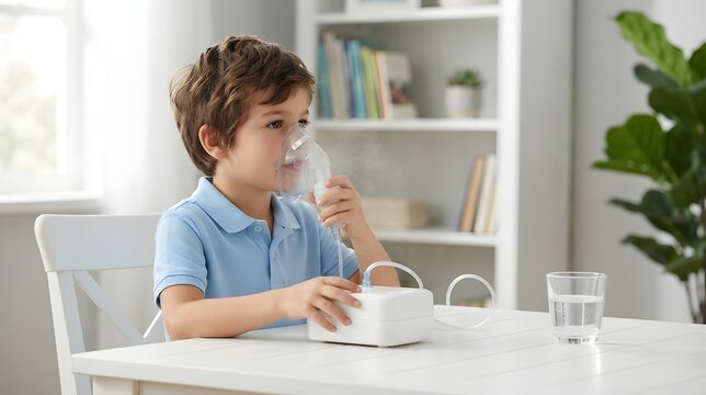Young Boy Using Nebulizer Mask for Asthma Treatment at Home, Child Respiratory Therapy Concept