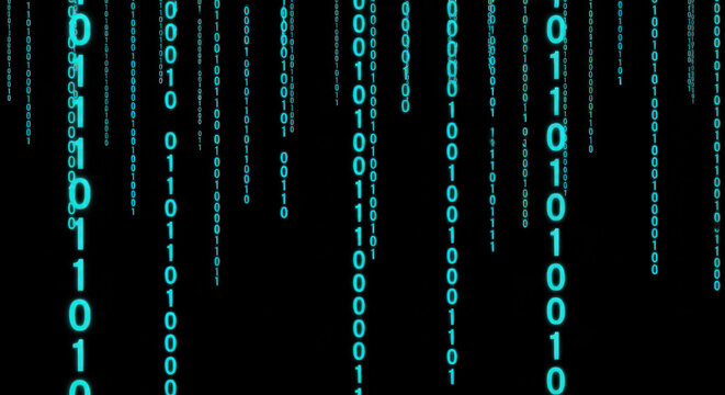 Blue Glowing Binary Code Falling on Black Background - Digital Data St