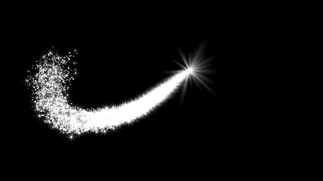 Magical white glitter trail sparkling swirl animation on black background with luminous particles for elegant effects