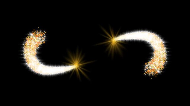 Sparkling golden infinity symbol forming from a glittering particle trail with glowing light effects on black background