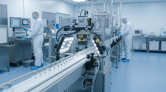 Pharmaceutical manufacturing facility, automated vaccine production line. Sterile laboratory workers in cleanroom suits, medical factory equipment.