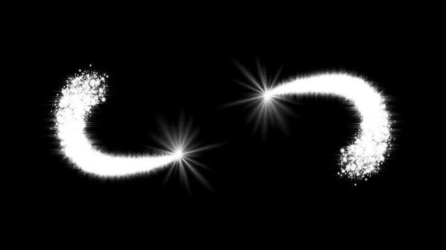 Sparkling white infinity symbol forming from a glittering particle trail with glowing light effects on black background