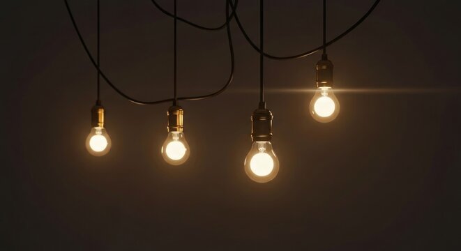 Four vintage Edison bulbs hang from black cords, warmly glowing in dimness