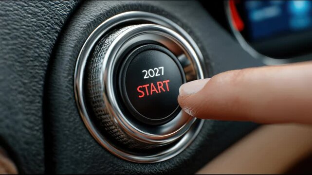 Finger pressing start button in a car dashboard, showing year 2027
