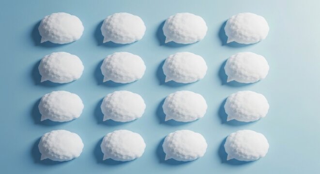 Grid of textured white speech bubbles on light blue background, overhead shot