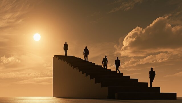 Career Success, powerful vision of professional transformation from beginner to accomplished leader represented through ascending platforms, continuous learning, discipline, resilience, networking