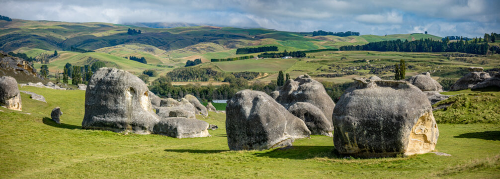 Elephant Rocks verwitterte Kalksteinfelsen auf gruener Weide bei Duntroon Neuseeland