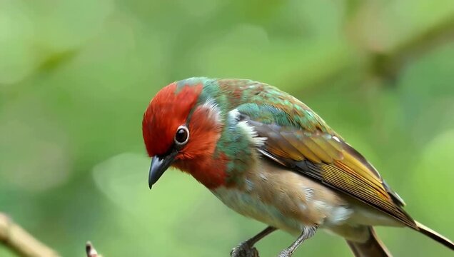Bright 4K close-up of a striking red-crested cardinal bird standing proud in slow motion against a soft out-of-focus green background highlighting its vivid plumage