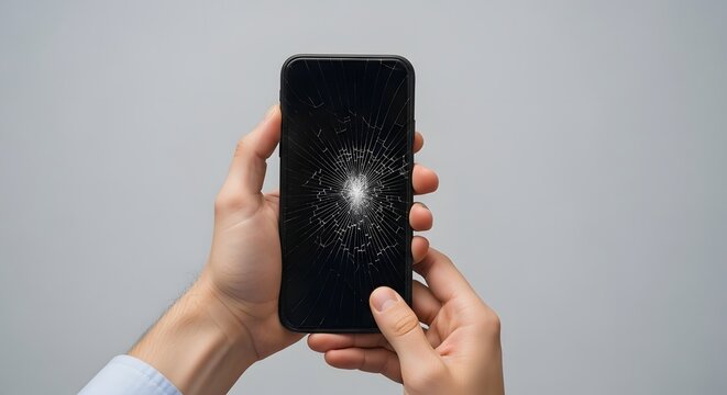 Hands holding smartphone with cracked screen with generated by AI