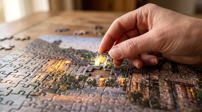 Close-up on a hand completing a jigsaw puzzle, carefully placing the final piece into the intricate cityscape image, symbolizing problem-solving and leisure.
