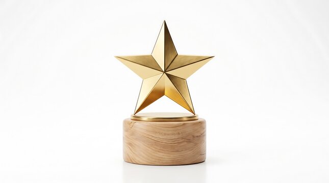 A gleaming golden star trophy rests on a natural wood base, symbolizing achievement, recognition, and excellence against a clean, minimalist backdrop.