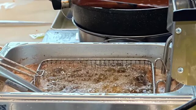Bubbling cooking oil in a deep fryer with fried shrimps, Japanese Fast Food, Kitchen Appliance Cookware,  Seafood Cuisine, Catering Industry