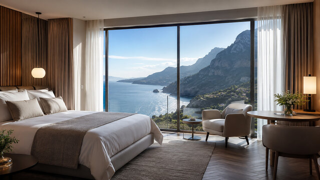 Luxury hotel bedroom suite featuring large window with panoramic coastal mountain view and comfortable designer furniture.