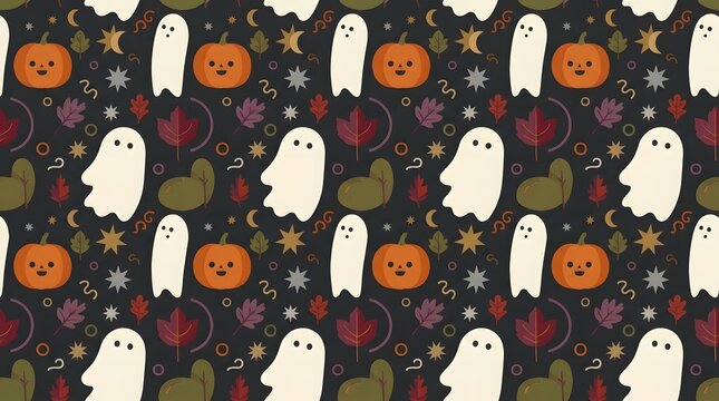 Halloween seamless vector pattern with pumpkins and ghosts on dark purple background for festive designs