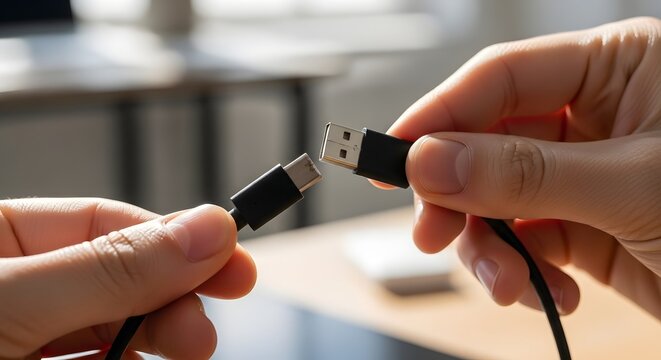 Connecting usb-c cable to device port by hands in office with generated by AI