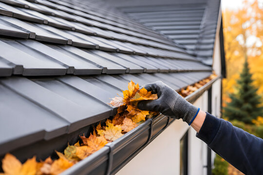 Gutter cleaning service, hand removing autumn leaves from roof, house maintenance and repair