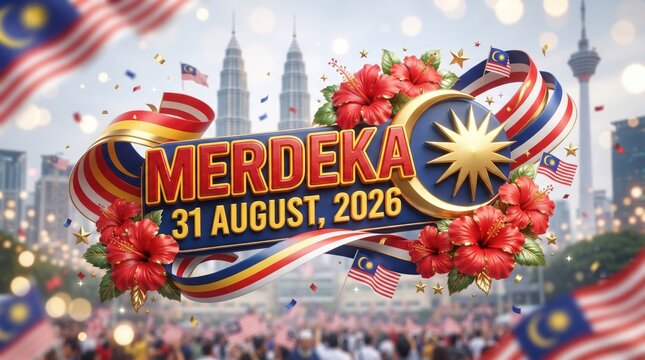 Luxury Malaysia Merdeka Day 2026 Banner with Golden Ornamental Frame and Hibiscus.