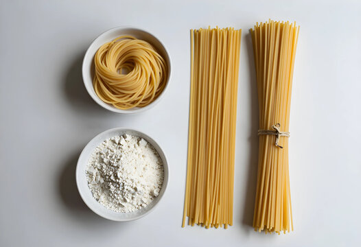 Uncooked spaghetti pasta in a bowl and bundles with flour, italian cuisine ingredients, top view on white background