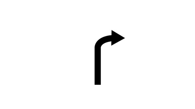 Minimalist black right turn arrow icon animation on white background .