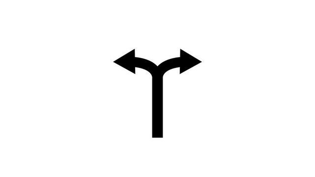 Split path arrow icon animation for decision making, business strategy, navigation and directional choice on black and white background.