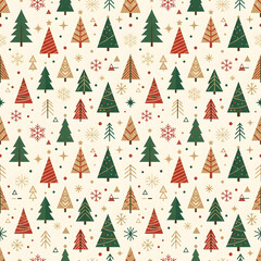 Obraz premium A charming Scandinavian seamless Christmas pattern featuring stylized graphic Christmas trees, simple geometric shapes, tiny stars, dots and snowflakes, minimalist Nordic aesthetic, forest green,