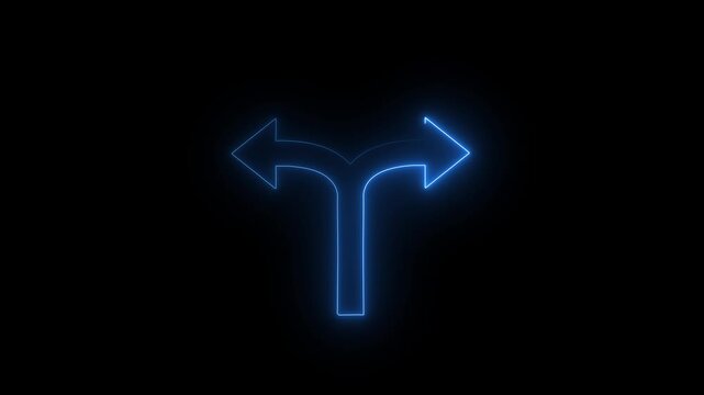 Neon blue split arrow icon animation for decision making, business strategy, navigation and directional choice on black background
