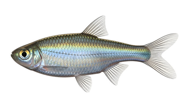 Small silver freshwater fish swimming alone