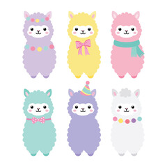 Obraz premium Cute pastel alpaca and llama character collection featuring six adorable animals with bows, scarves, garlands, and a party hat, isolated on a white background. Sweet nursery illustration