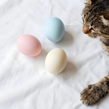 Tabby cat looking at pastel colored easter eggs on a white fabric background, spring holiday celebration and pet, the soft colors and textures create a gentle and inviting atmosphere
