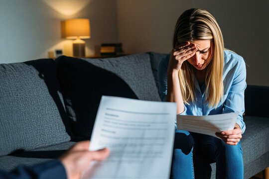 Sad woman stressed over legal papers. She holds document with hand on forehead, looking down. Emotional crisis, bad news at home, relationship breakdown.