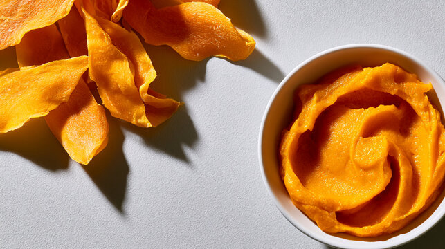 Vibrant orange mango puree with dried mango slices on a white background.