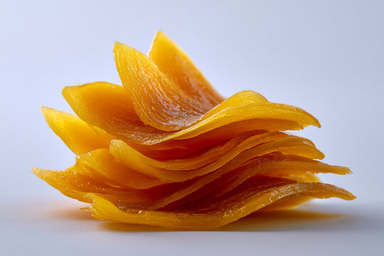 Delicious dried mango slices stacked beautifully on a white background.