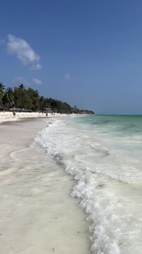 Vertical shot of the iconic Paje beach in Zanzibar, Tanzania. Gentle turquoise Indian Ocean waves wash over the white sand coastline with lush green palm trees and a bright blue sky.