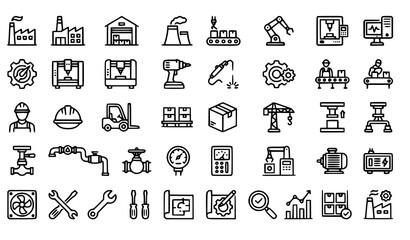 Fototapeta premium Industrial Factory and Manufacturing Linear Icons Collection with Automation Machinery and Production Vector