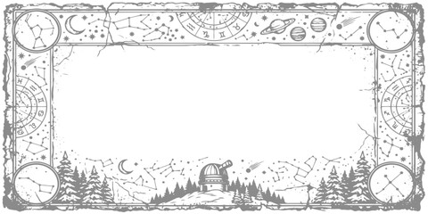 Obraz premium Celestial astronomy frame with planets and observatory border