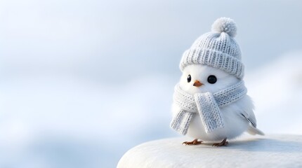 Obraz premium Adorable Fluffy White Bird Wearing a Tiny Knitted Grey Hat and Scarf in a Snowy Winter Landscape