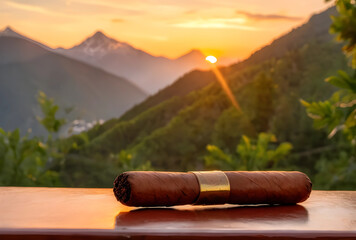 Fototapeta premium Luxury cigar with a golden band resting on a wooden table against a scenic mountain sunset backdrop, the background features a breathtaking mountain landscape at sunset