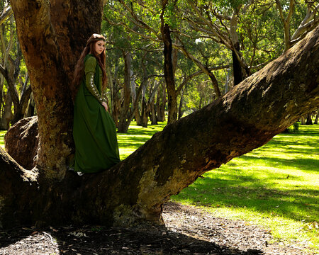 full length portrait of beautiful female model, standing figure back view,  wearing green medieval historical gown costume with cloak. Magical forest background with trees.