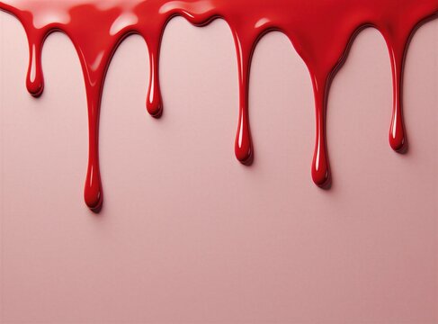 Bright red liquid paint drips down on smooth soft pink surface. Thick syrup drops flow vertical on pastel background with empty space. Glossy berry jam spill texture looks sweet for bakery food brand