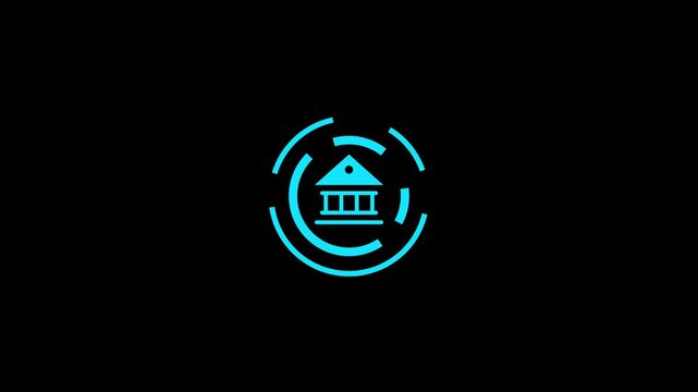 Cyan color Bank Building Icon inside circle. Bank building icon animation on black background
