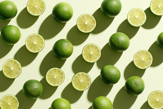 Fresh limes and lime slices arranged artistically with shadows.
