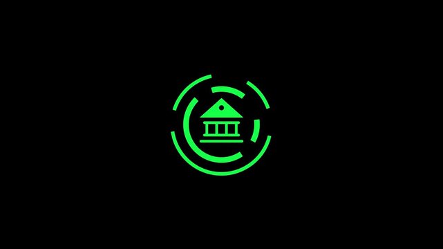Bank Building Icon inside circle. Bank building icon animation on black background. 4k video

