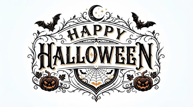 A vintage style decorative illustration showing how halloween celebrated themes can be displayed with bats pumpkins and intricate filigree artistic design elements